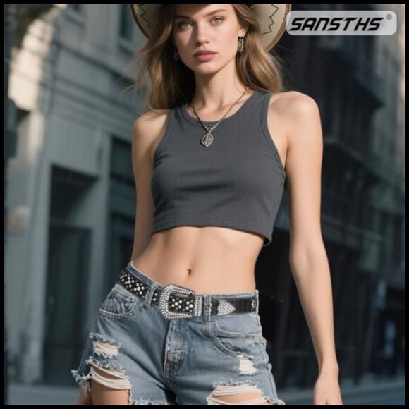 Rhinestone Studded Belt Faux Crocodile Grain Leather Western Style main image 5